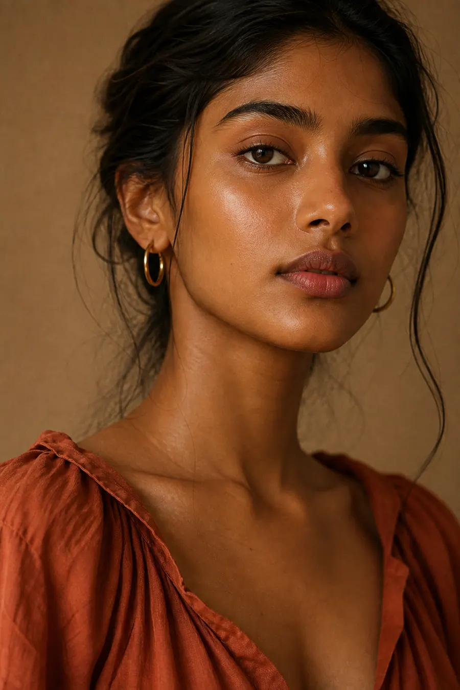 Dusky skin tone wearing terracotta and gold, Warm Autumn color analysis